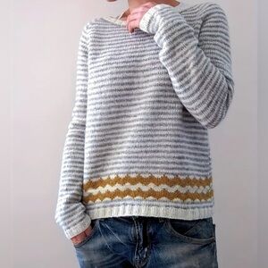 Striped Crewneck Sweater in Light Gray with Mustard Accent